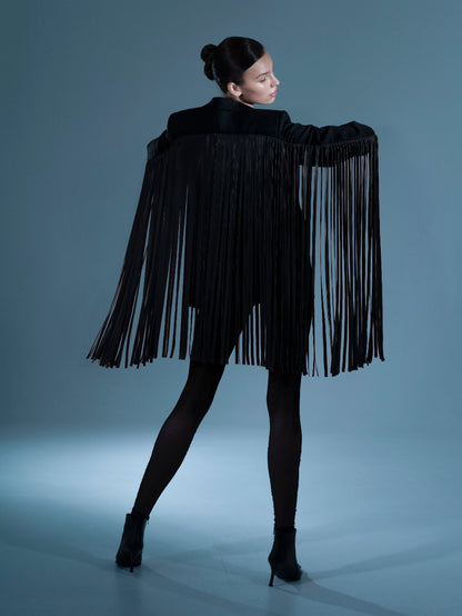 UPCYCLED JACKET WITH FRINGE with a man's shoulder