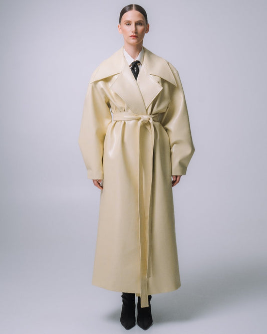 CREAM COAT WITH A GRAPHIC ECO-LEATHER COLLAR
